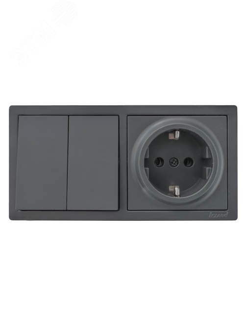 Изображение товара Выключатель двойной и розетка с заземлением серия LETO графит современный дизайн