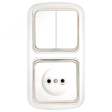 Изображение товара Двухклавишный выключатель с розеткой без заземления скрытая установка Гармония Люкс