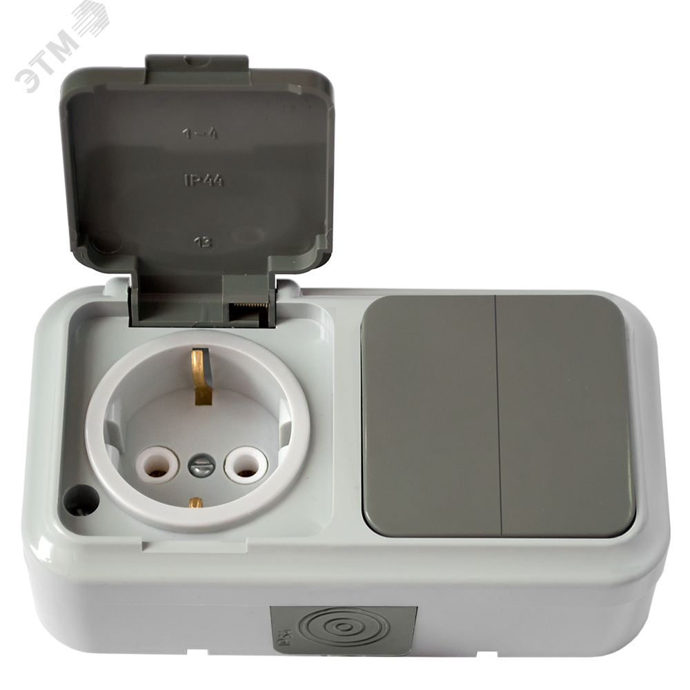 Изображение товара Беларусь Блок выключатель двухклавишный и розетка с заземлением IP44