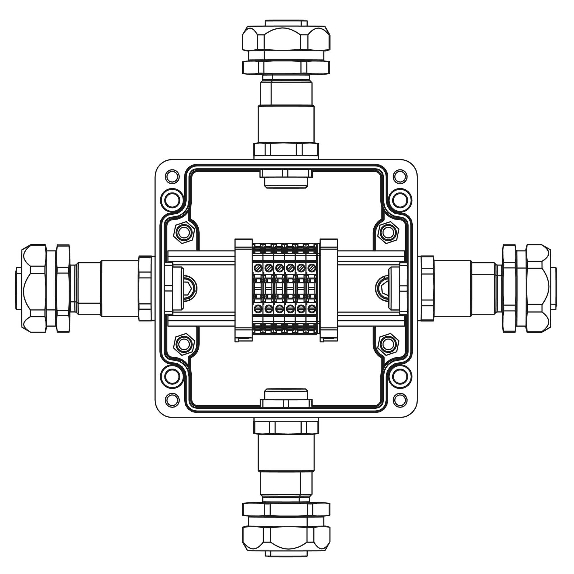 Взрывозащищенная клеммная коробка из полиэстера TBE-P-03-(6xCBC.2)-1xKAEPM2MHK-20(A)-1xKAEPM2MHK-20(B)-1xKAEPM2MHK-20(C)-1xKAEPM2MHK-20(D)1Ex e IIC Т5 Gb / Ex tb IIIC T95°C Db IP66 / КЗ