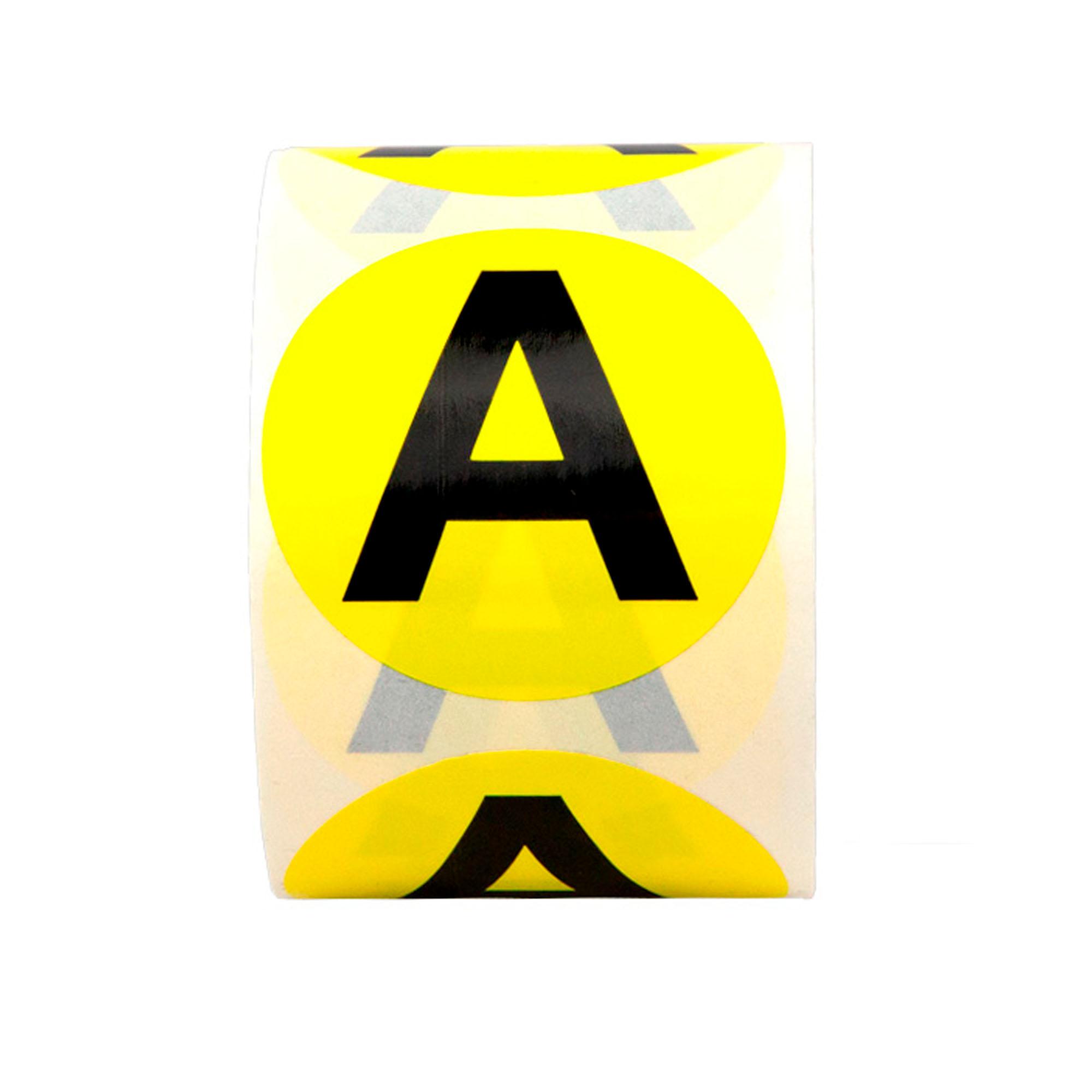 Маркировка электрических шин. Диаметр 20мм, круг.  Цвет - желтый, символ - "А" черного цвета. Упак  овка - 500 шт.