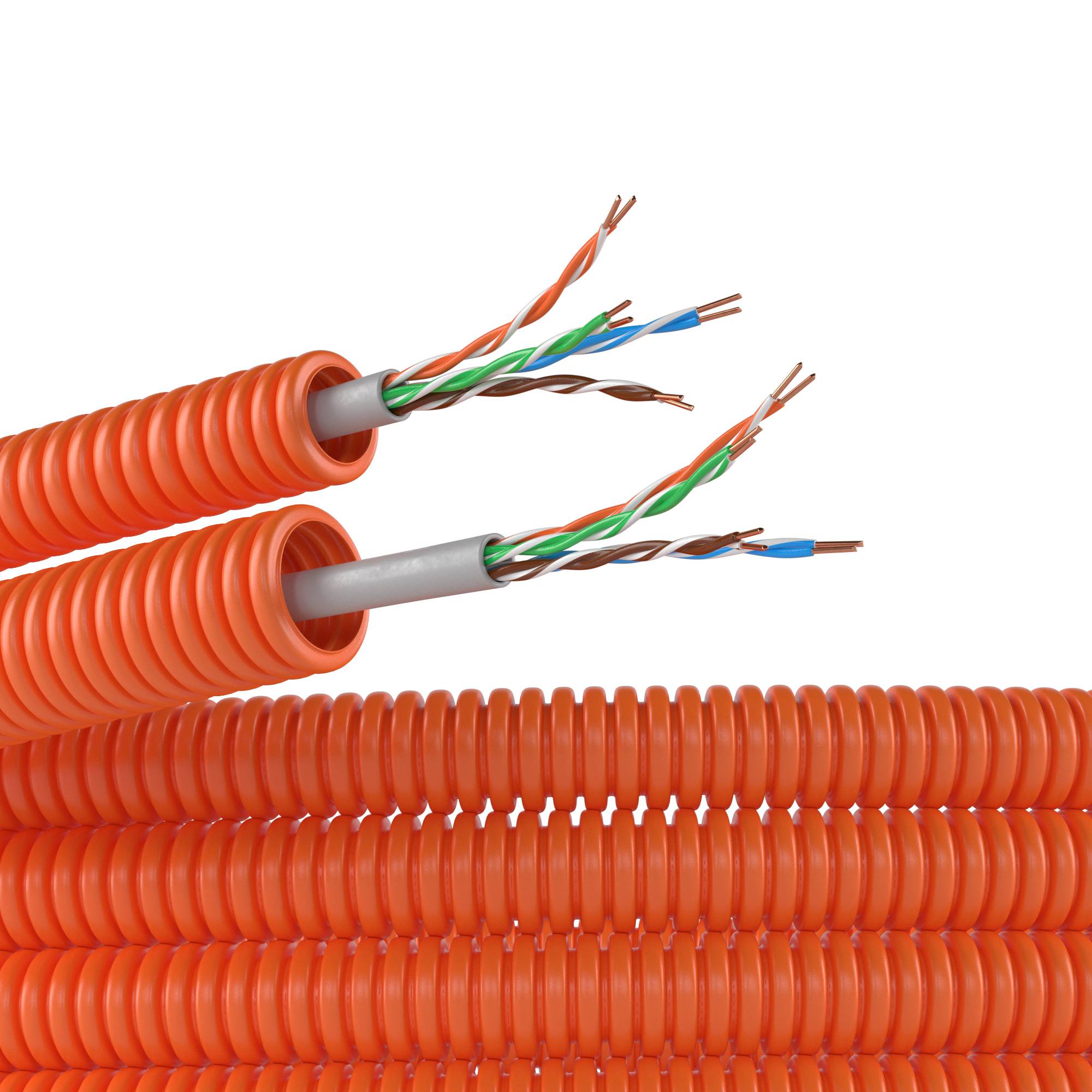 Электротруба ПНД гибкая гофрированная д. 16 мм, цвет оранжевый, с кабелем витая пара 5EU/UTP нг(А)-HF, 100 м