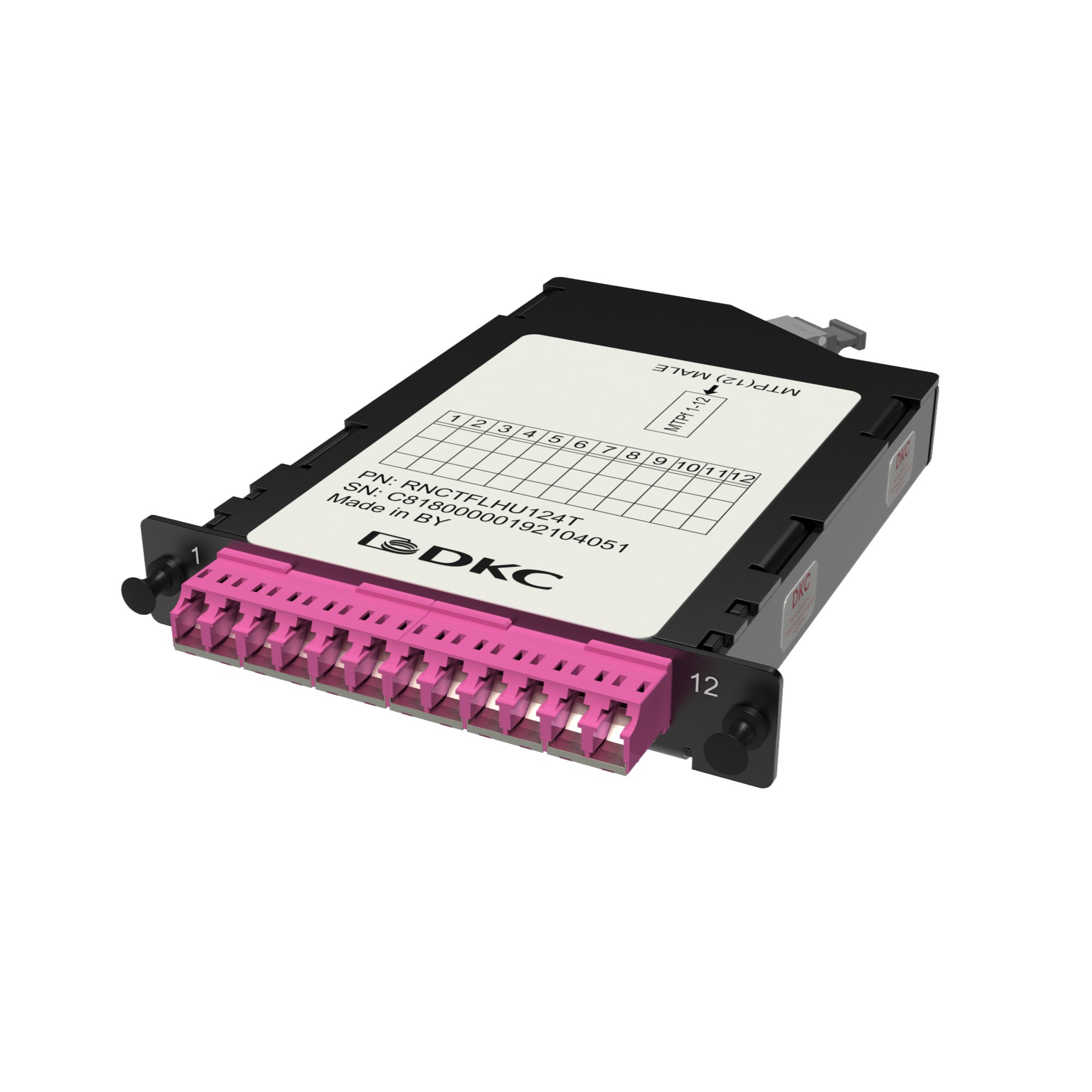 Кассета претерминированная 12ОВ 50/125 OM4. 1хMTP(12)f/6хLC Dupleх (с интегрированными шторками). 1/2 HU