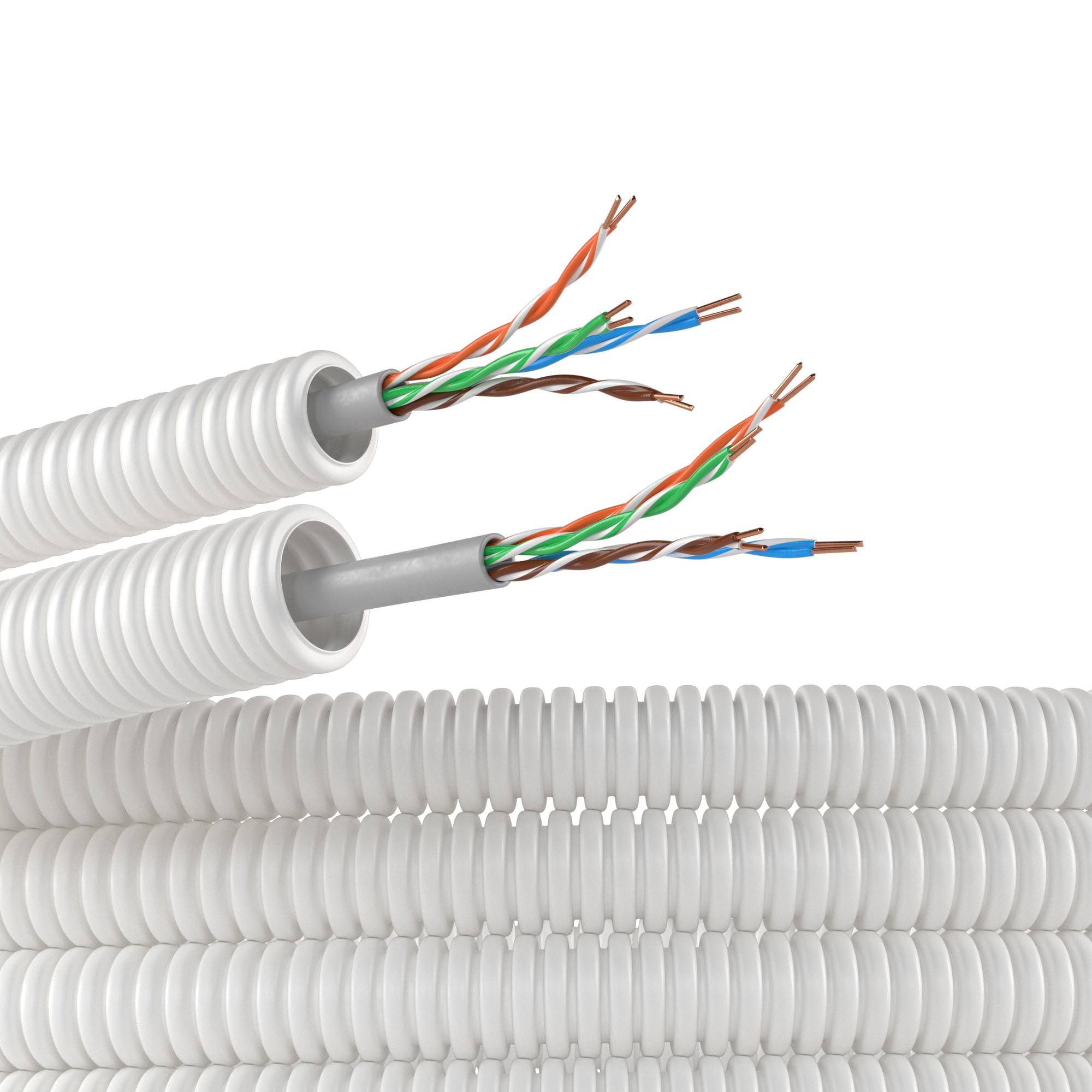 Элетротруба из ПЛЛ не содержит галогенов гибкая   гофрированная д.16мм цвет белый с кабелем витая   пара 5EU/UTP нг(А)-HF 100м