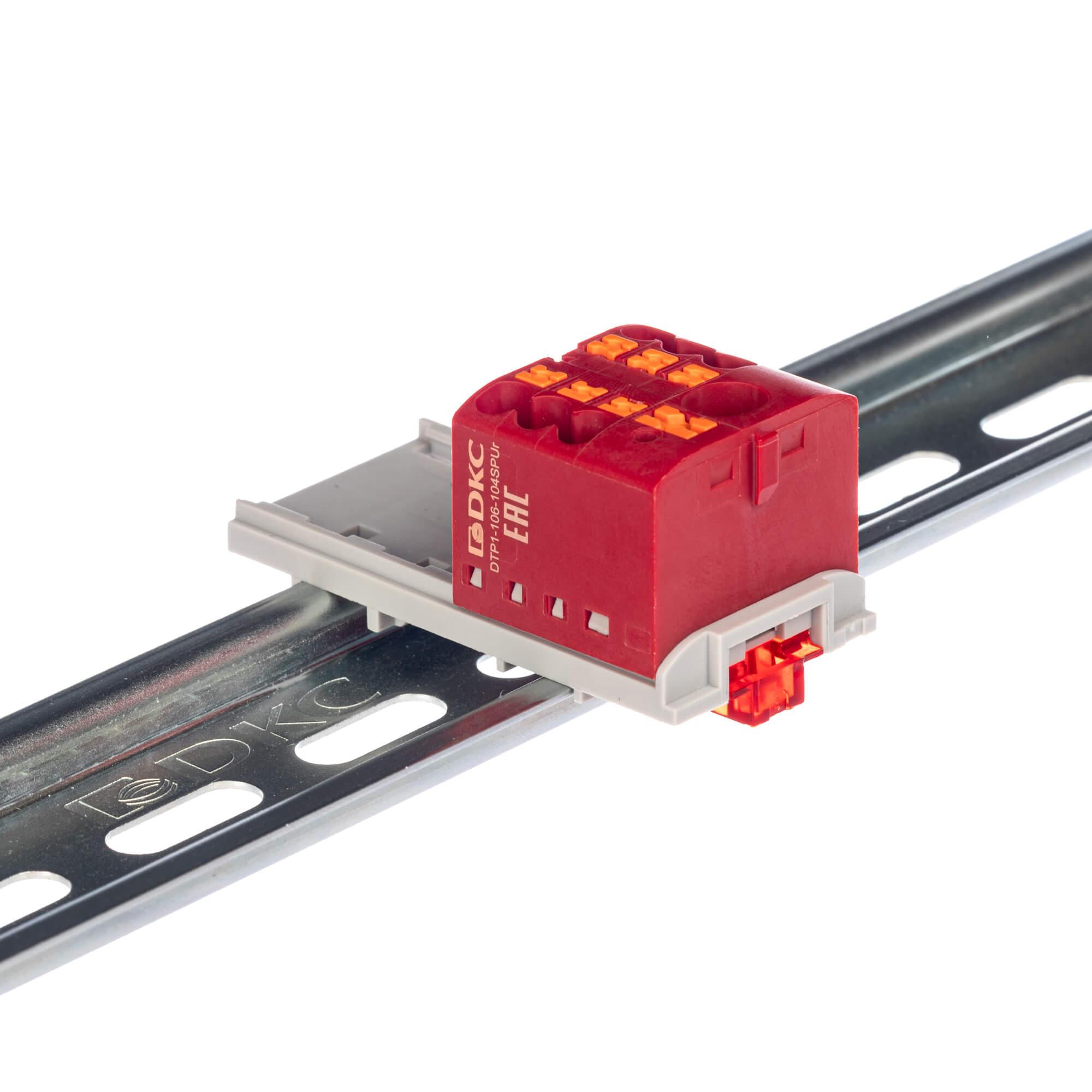 Блок распределительный с верт. адаптером на рейки шириной 15/35мм, зажим push-in, 1 ввод 6 кв.мм, 6 точек подключения 2,5 кв.мм, красный