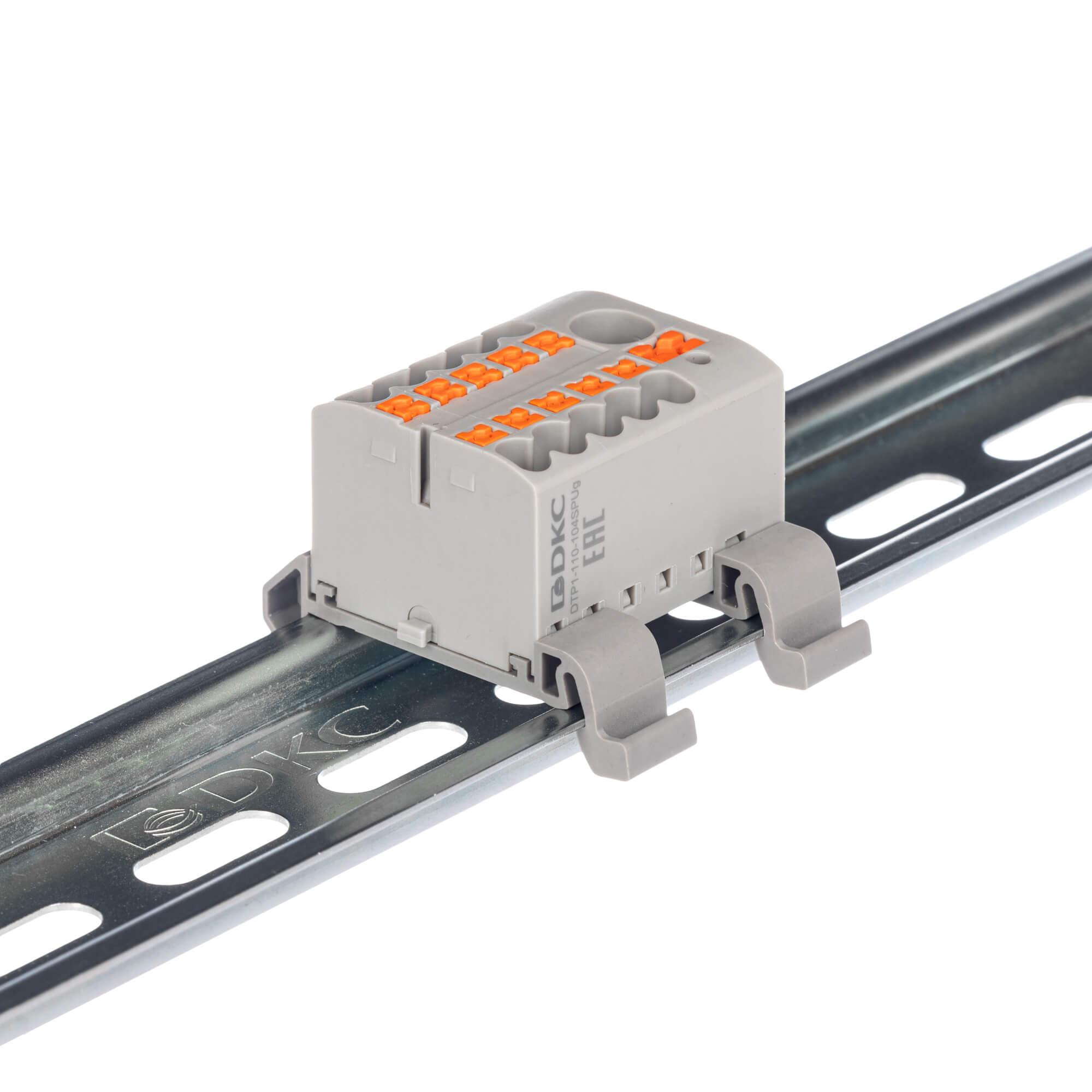 Блок распределительный с гориз. адаптером на рейку шириной 35мм, зажим push-in, 1 ввод 6 кв.мм, 10 точек подключения 2,5 кв.мм, серый