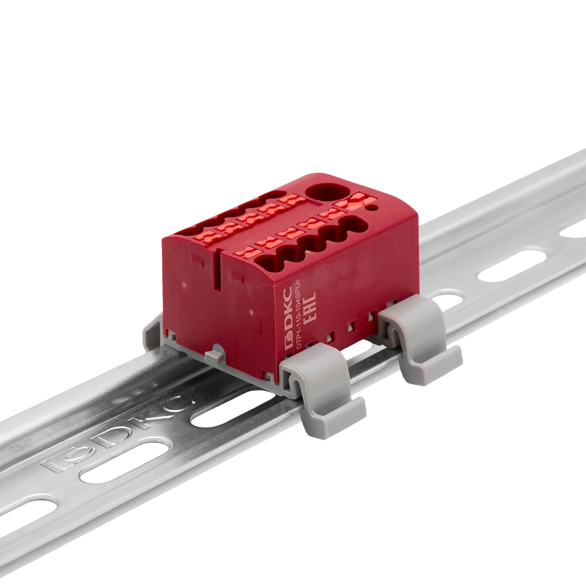 Блок распределительный с гориз. адаптером на рейку шириной 35мм, зажим push-in, 1 ввод 6 кв.мм, 10 точек подключения 2,5 кв.мм, красный