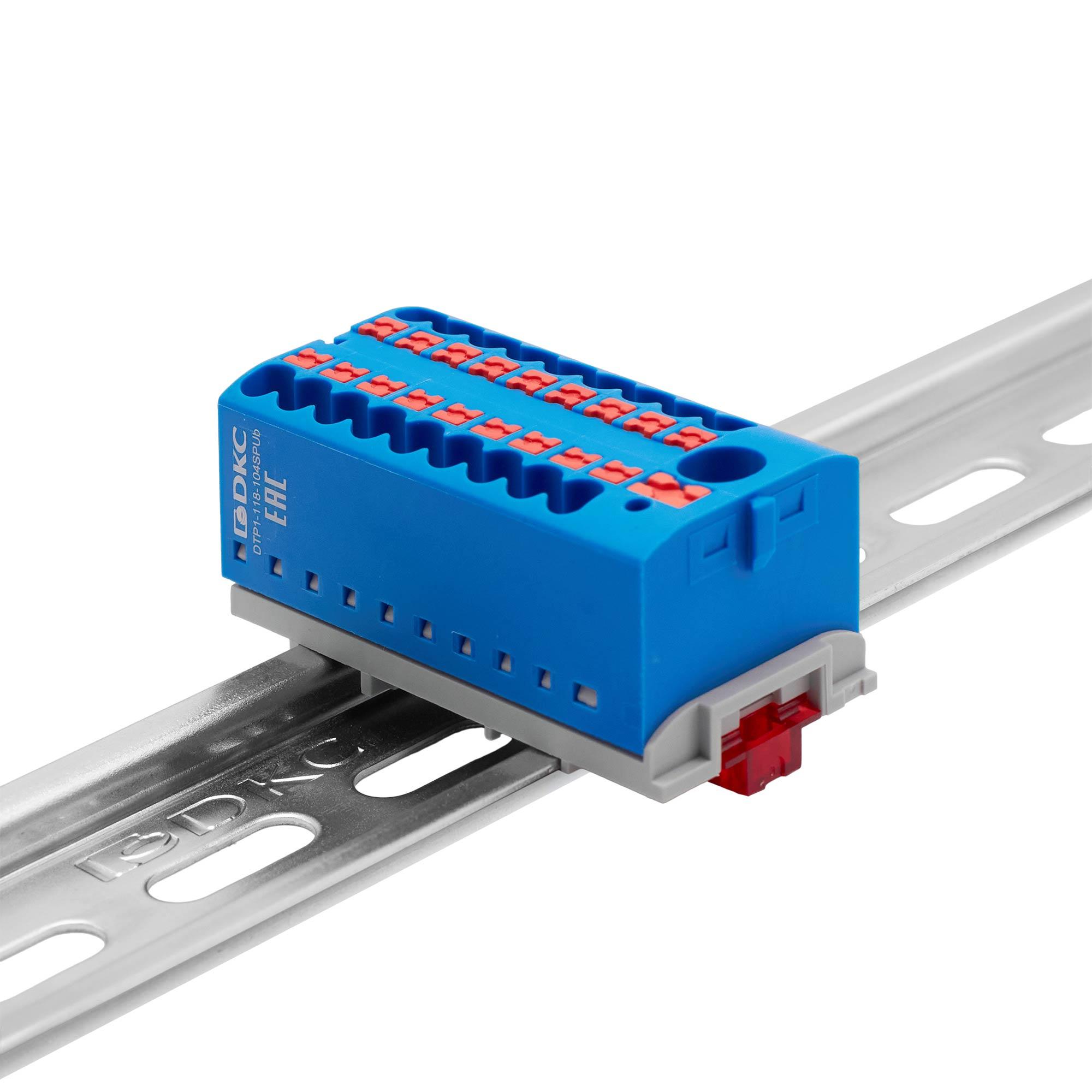 Блок распределительный с верт. адаптером на рейки шириной 15/35мм, зажим push-in, 1 ввод 6 кв.мм, 18 точек подключения 2,5 кв.мм, синий