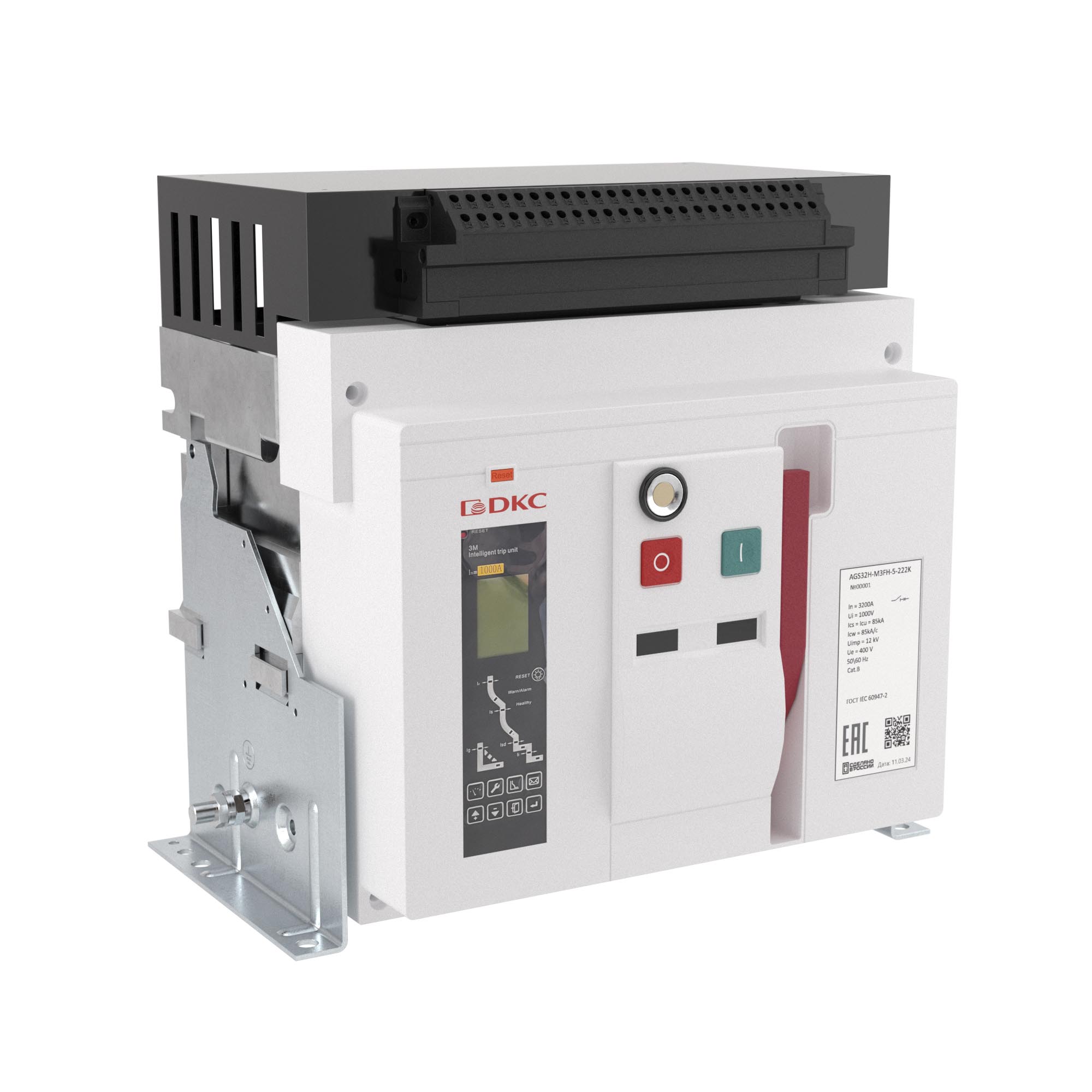 Воздушный автоматический выключатель YON AGS20H 3Р 2000 А 85 кА, типоразмер M, расцепитель 3M, фиксированный, управление 220 В AC, горизонтальное подключение