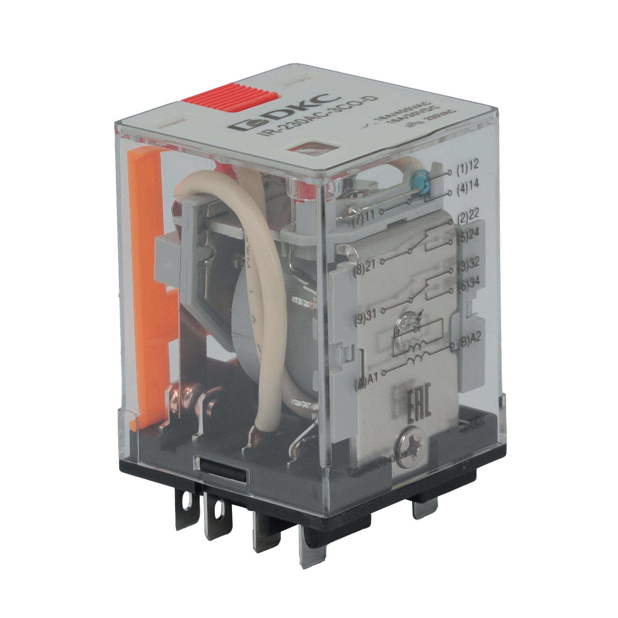 Реле миниатюрное силовое, 3CO, коммутируемый ток 16 А, AgSnO, напряжение 24V AC, опция – тест-кнопка+светодиод