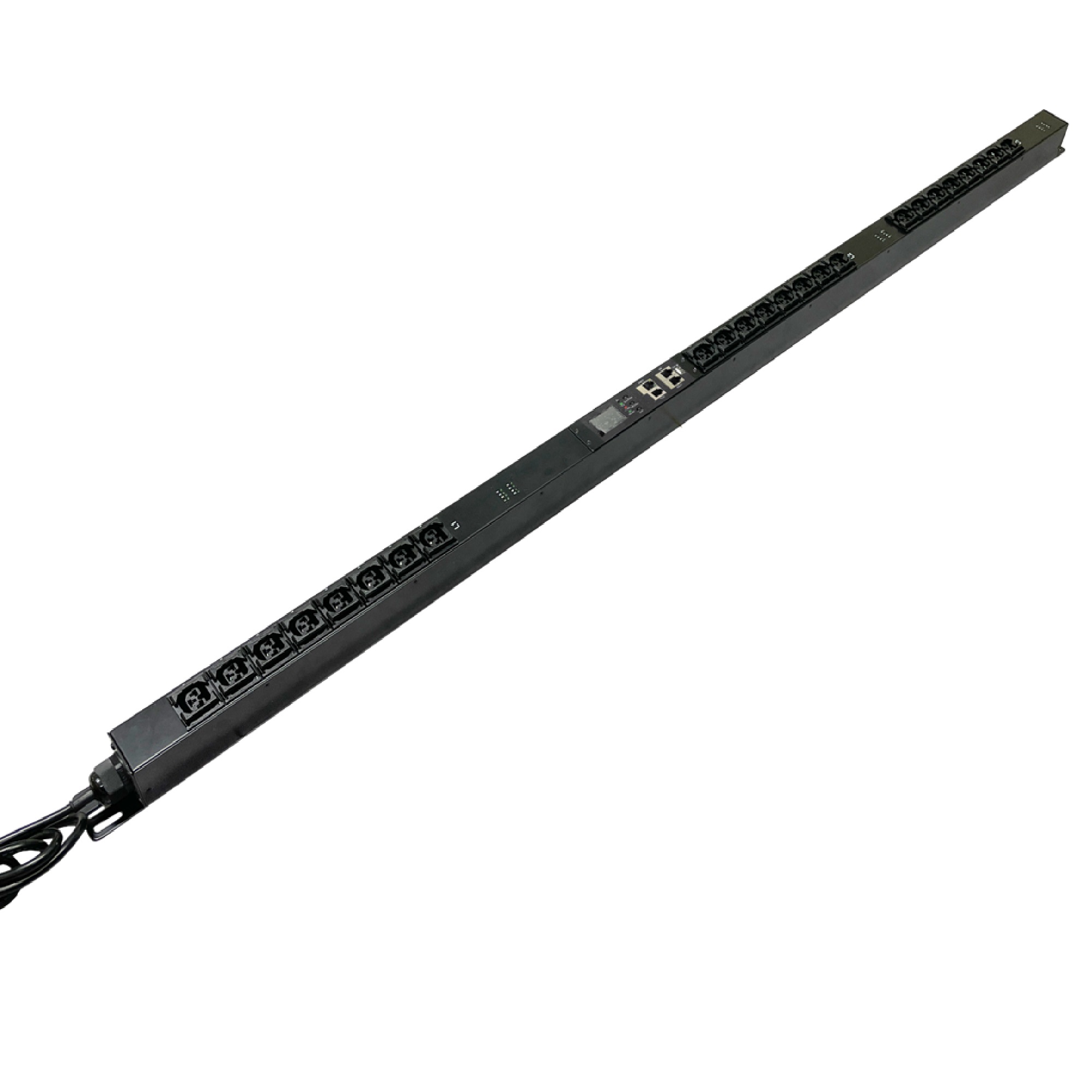 Блок распределения питания вертикальный 0U 16A с  измерением температуры и влажности воздуха,       индикацией и мониторингом по каждой фазе питания, трехфазный Вых:30ХС13,12XС19 Вх:IEC309Х3м