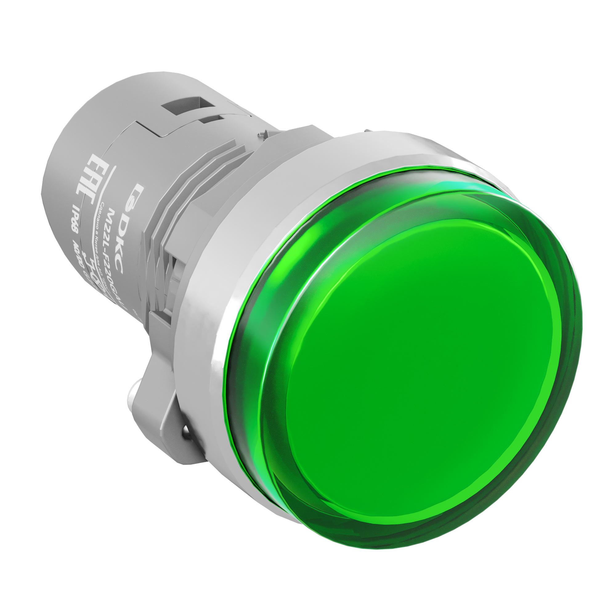 Сигнальная лампа со встроенным диодом 220В, зеленая, алюминиевое кольцо, зажим Push-In