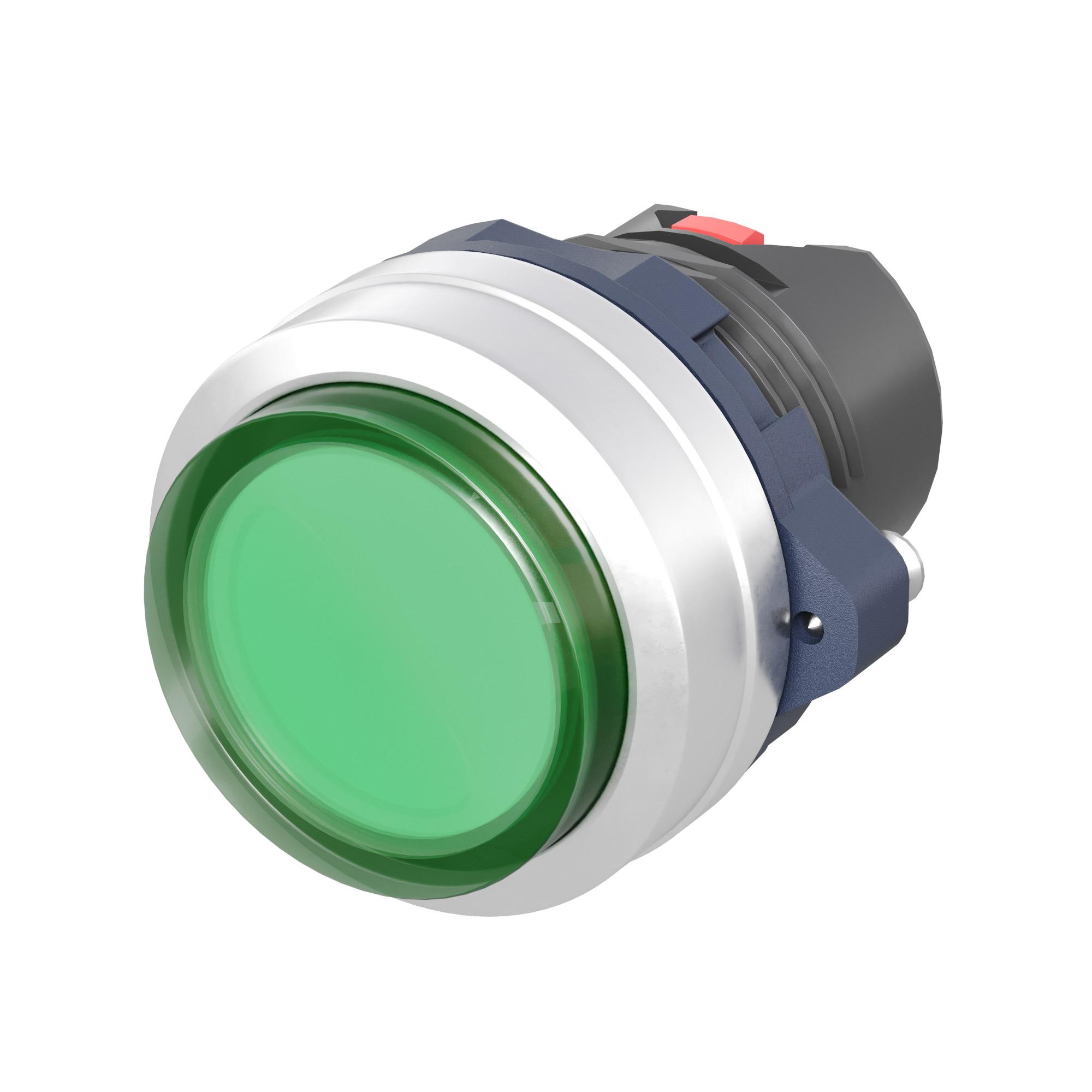 Головка кнопки выпуклая прозрачная без фиксации, зеленая, алюминий