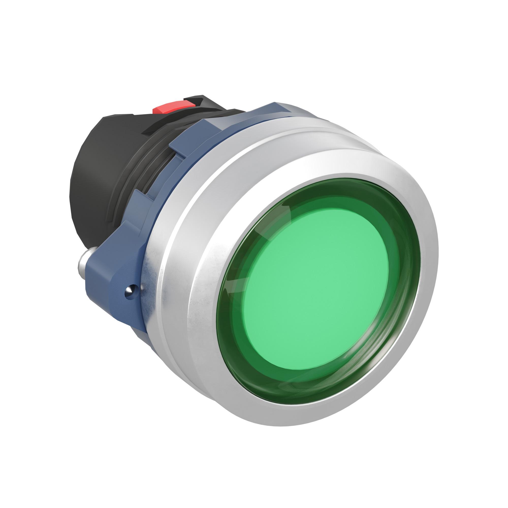 Головка кнопки плоская прозрачная с фиксацией, зеленая, алюминий