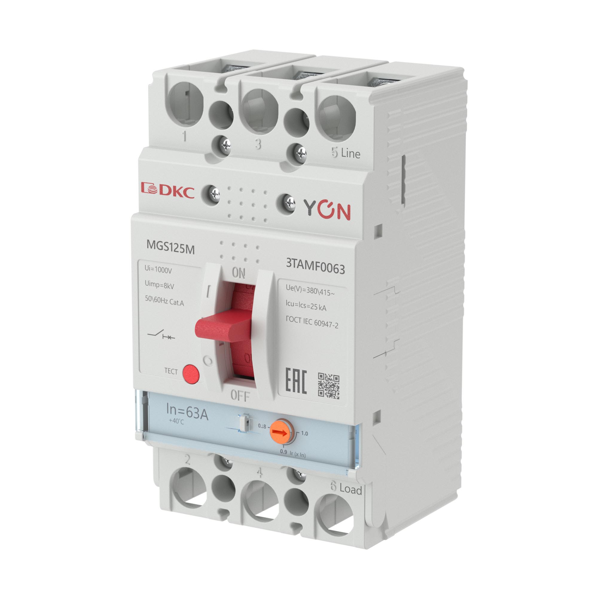 Выключатель автоматический YON max MGS125M 3P 50,4-63А 25кА с регулируемым термомагнитным расцепителем