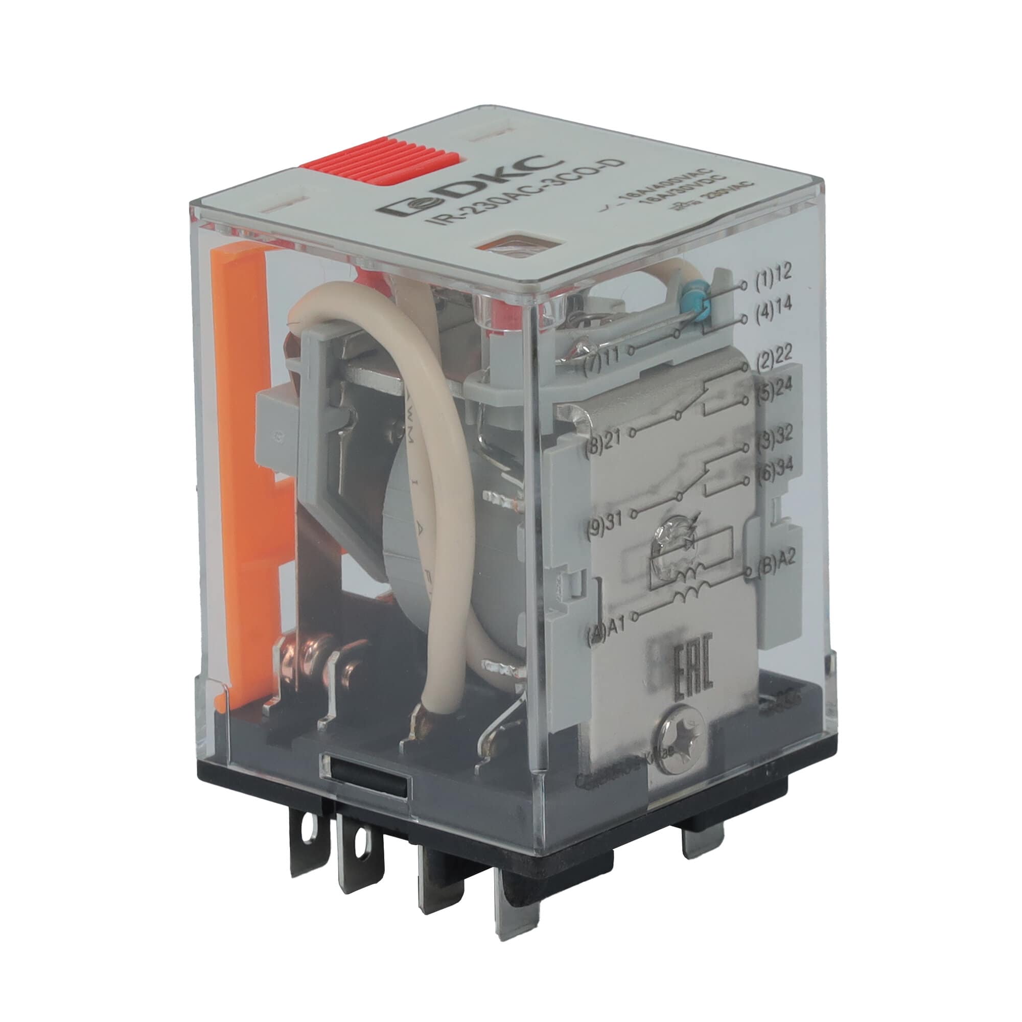 Реле миниатюрное силовое, 3CO, коммутируемый ток 16 А, AgSnO, напряжение 230V AC, опция – тест-кнопка+светодиод