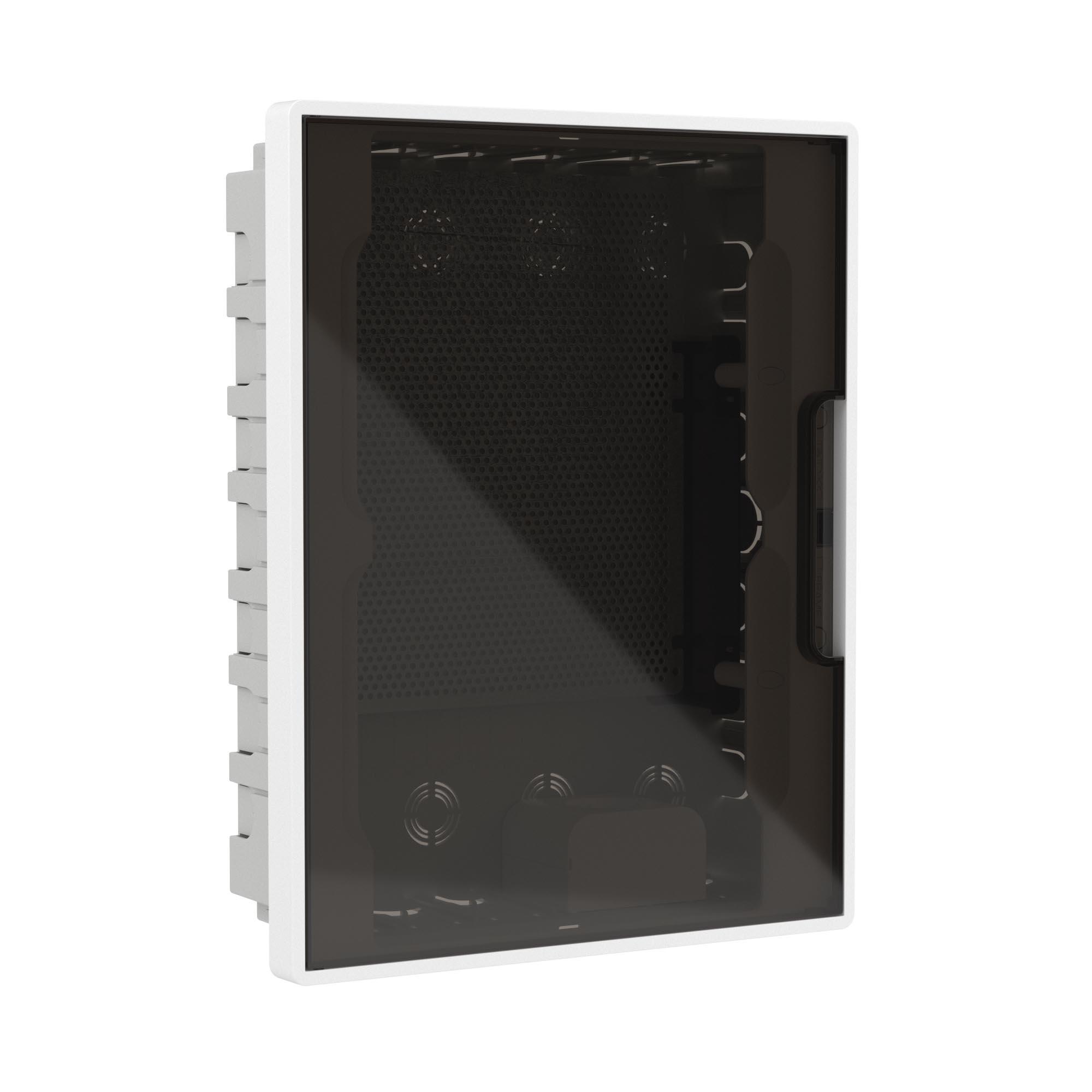 Щиток 24 мод встраиваемый для полых стен слаботочный Фрейм (FRAME), белый, с тонированной дверцей, с монтажной платой, 1 розеткой (арт. 45005) и 1 коробкой (арт. 10033)