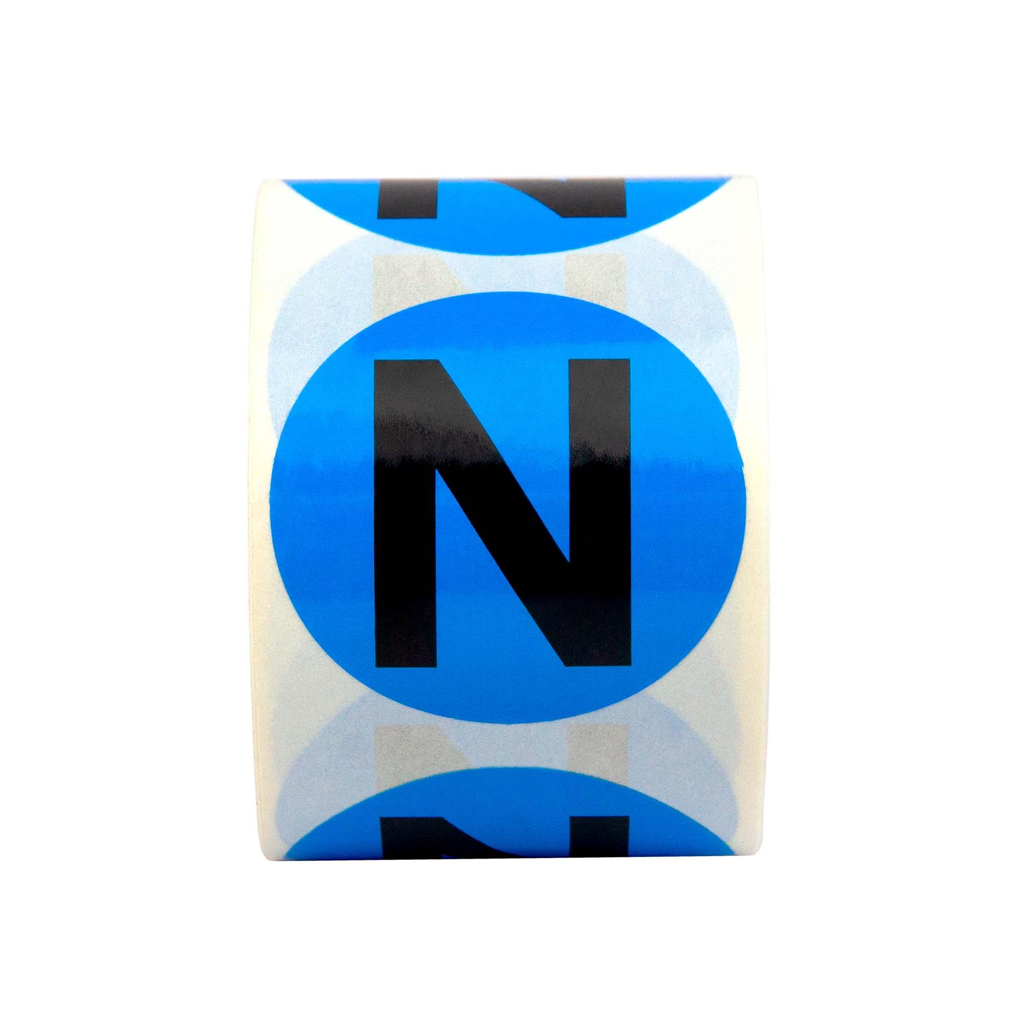 Маркировка электрических шин. Диаметр 20мм, круг.  Цвет - голубой, символ - "N" черного цвета. Упа  ковка - 500 шт.