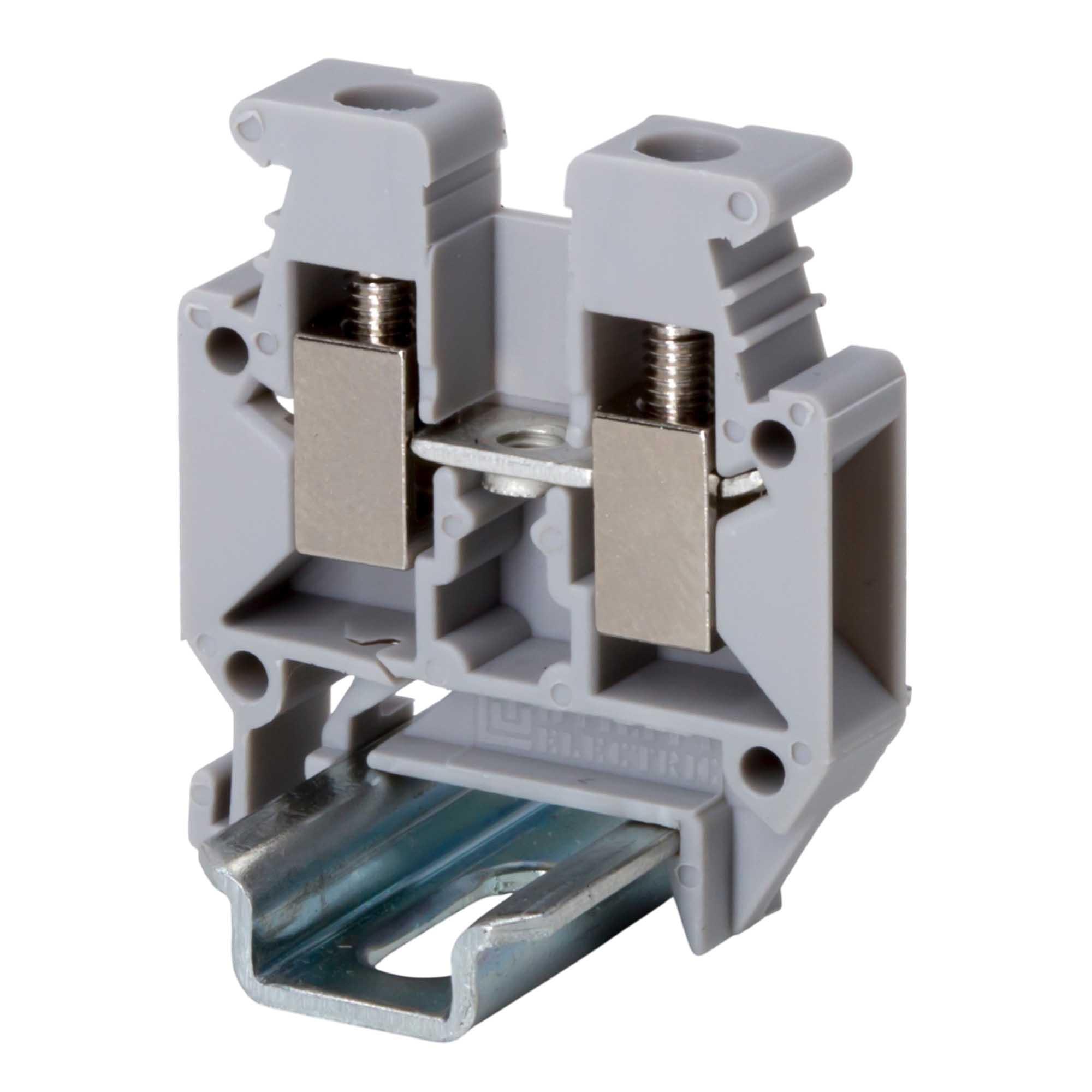 Клемма проходная миниатюрная, винтовой зажим, 2 точки подключения, 4 кв.мм, серая