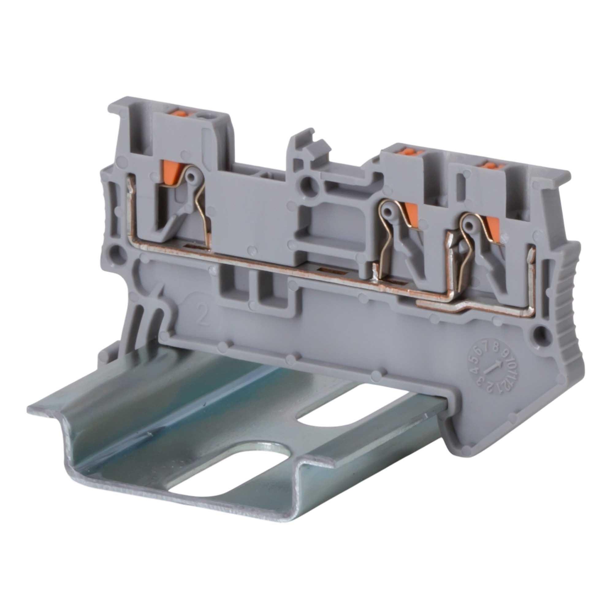 Клемма проходная, зажим push-in, 3 точки подключения, 1.5 кв.мм, серая