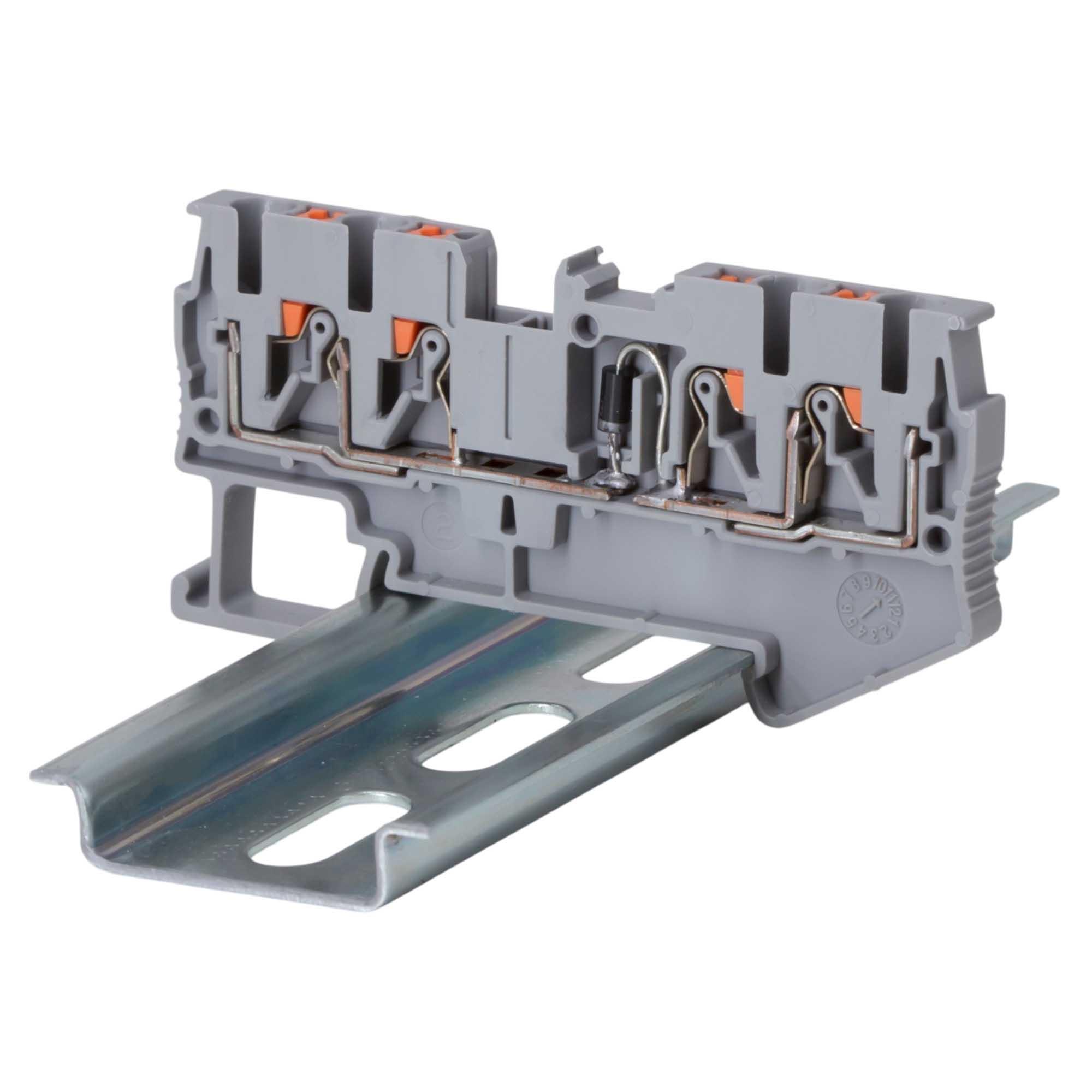 Клемма со встроенным диодом, катод справа, зажим push-in, 4 точки подключения, 2.5 кв.мм, серая