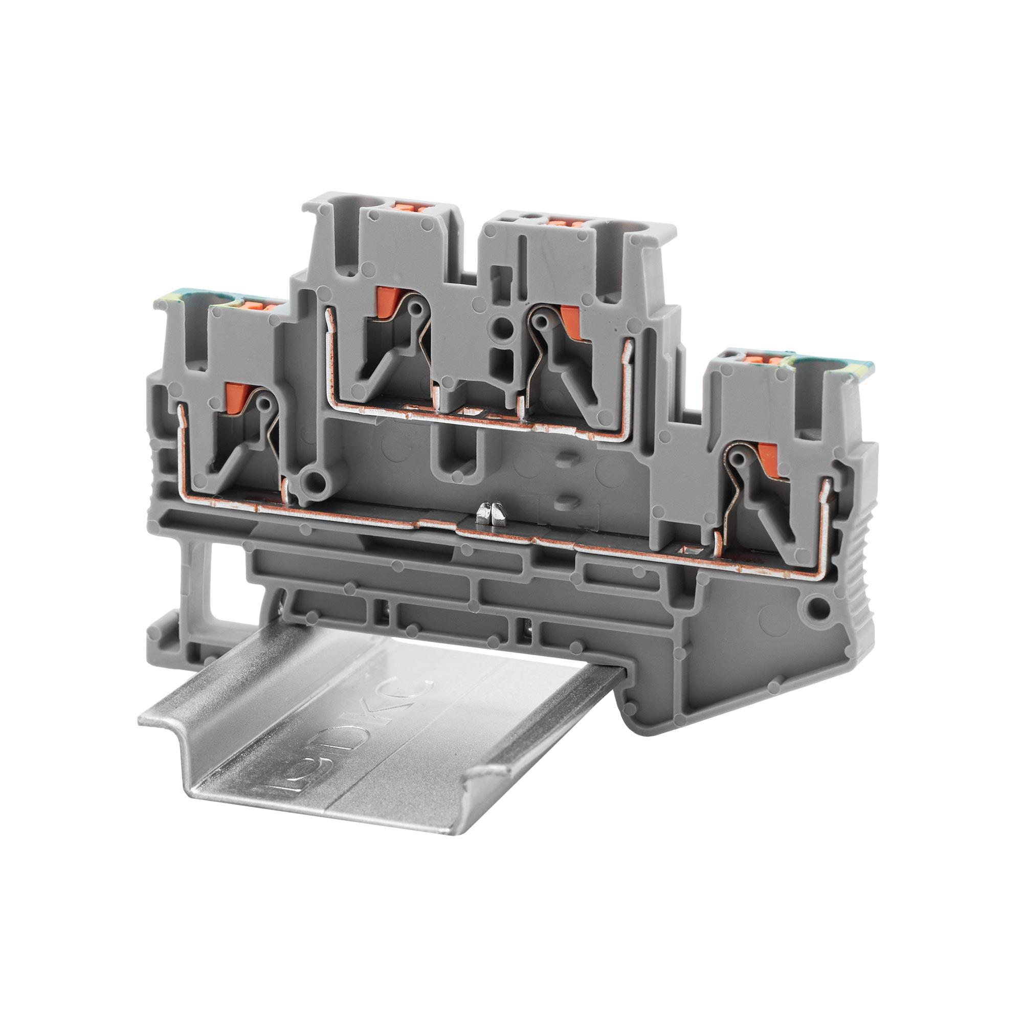 Клемма двухуровневая, проходной уровень и заземление, зажим push-in, 4 точки подключения, 2.5 кв.мм, серая