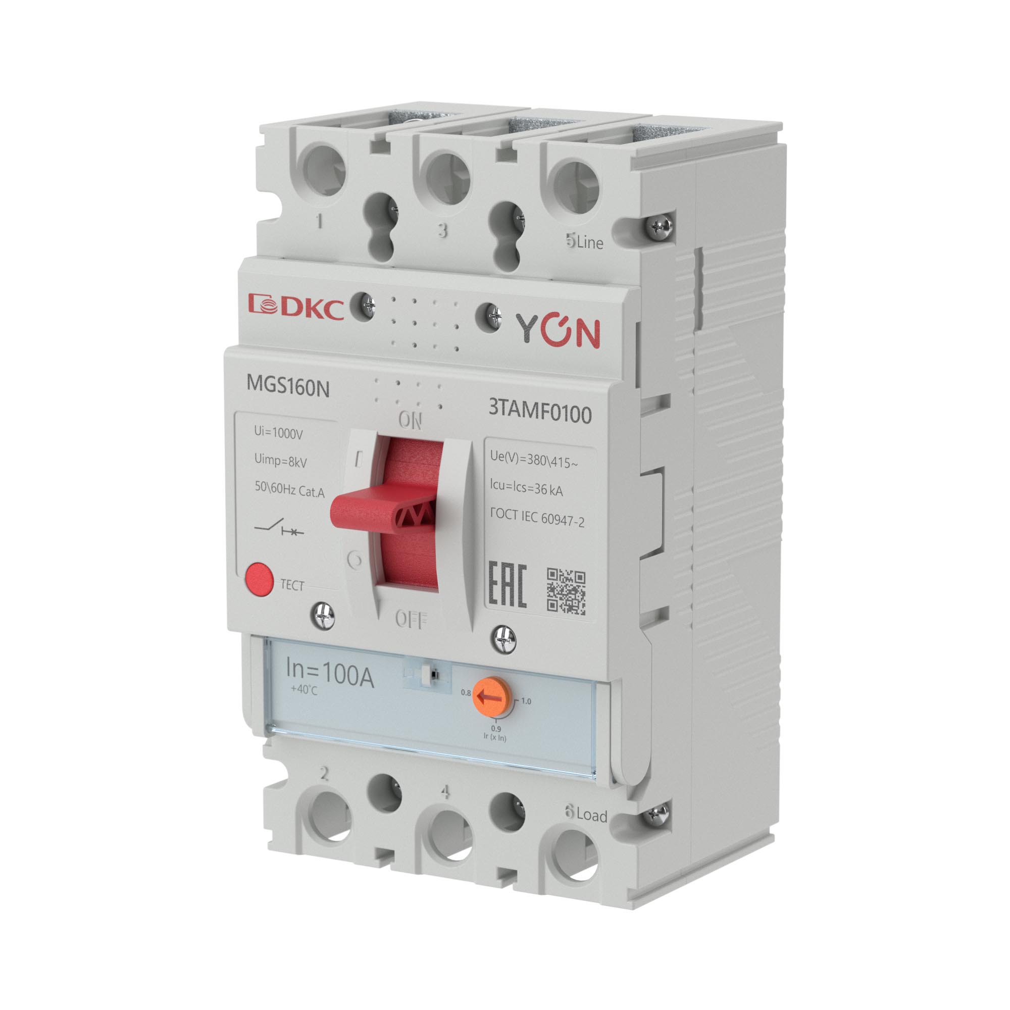 Выключатель автоматический YON max MGS160N 3P 80-100А 36кА с регулируемым термомагнитным расцепителем