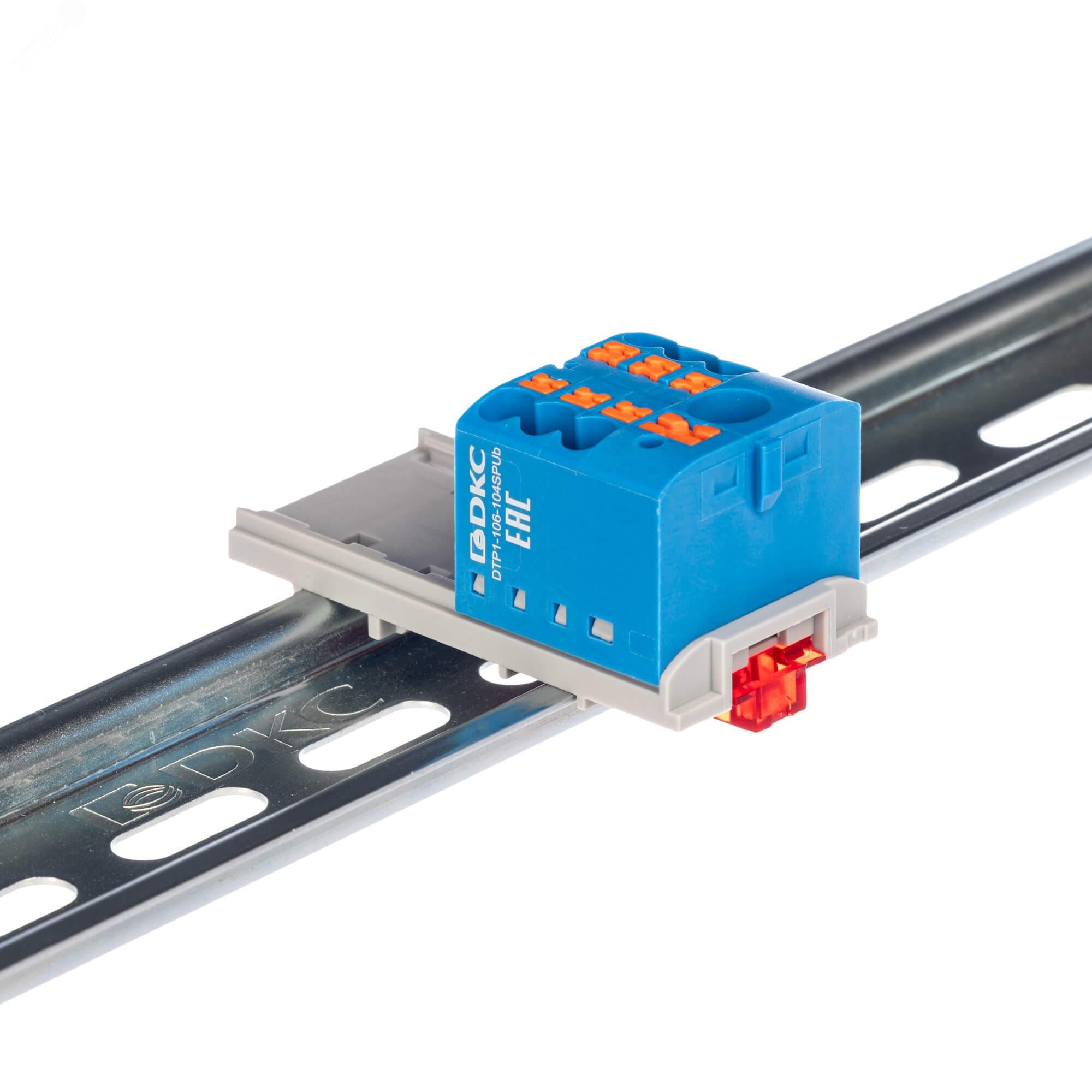 Изображение товара Блок распределительный с верт. адаптером на рейки шириной 15/35мм, зажим push-in, 1 ввод 6 кв.мм, 6 точек подключения 2,5 кв.мм, синий (шт)