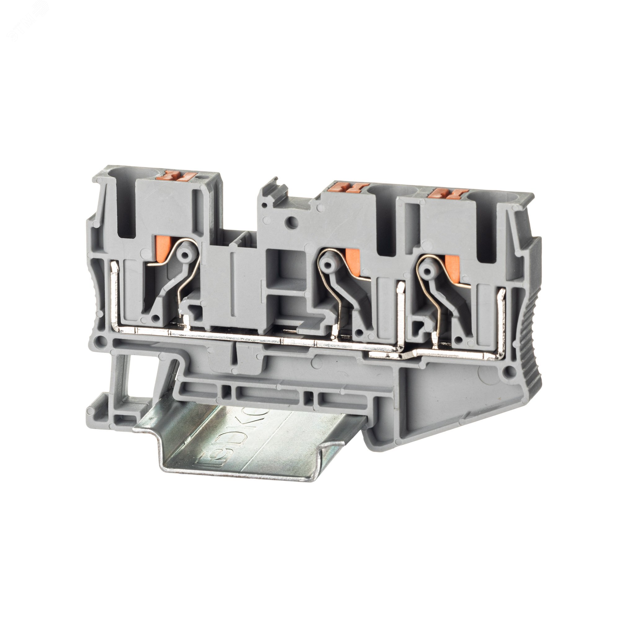 Изображение товара Проходная клемма с зажимом push-in 3 точки 6 кв.мм серый DKC VPR-6-TWIN-GY