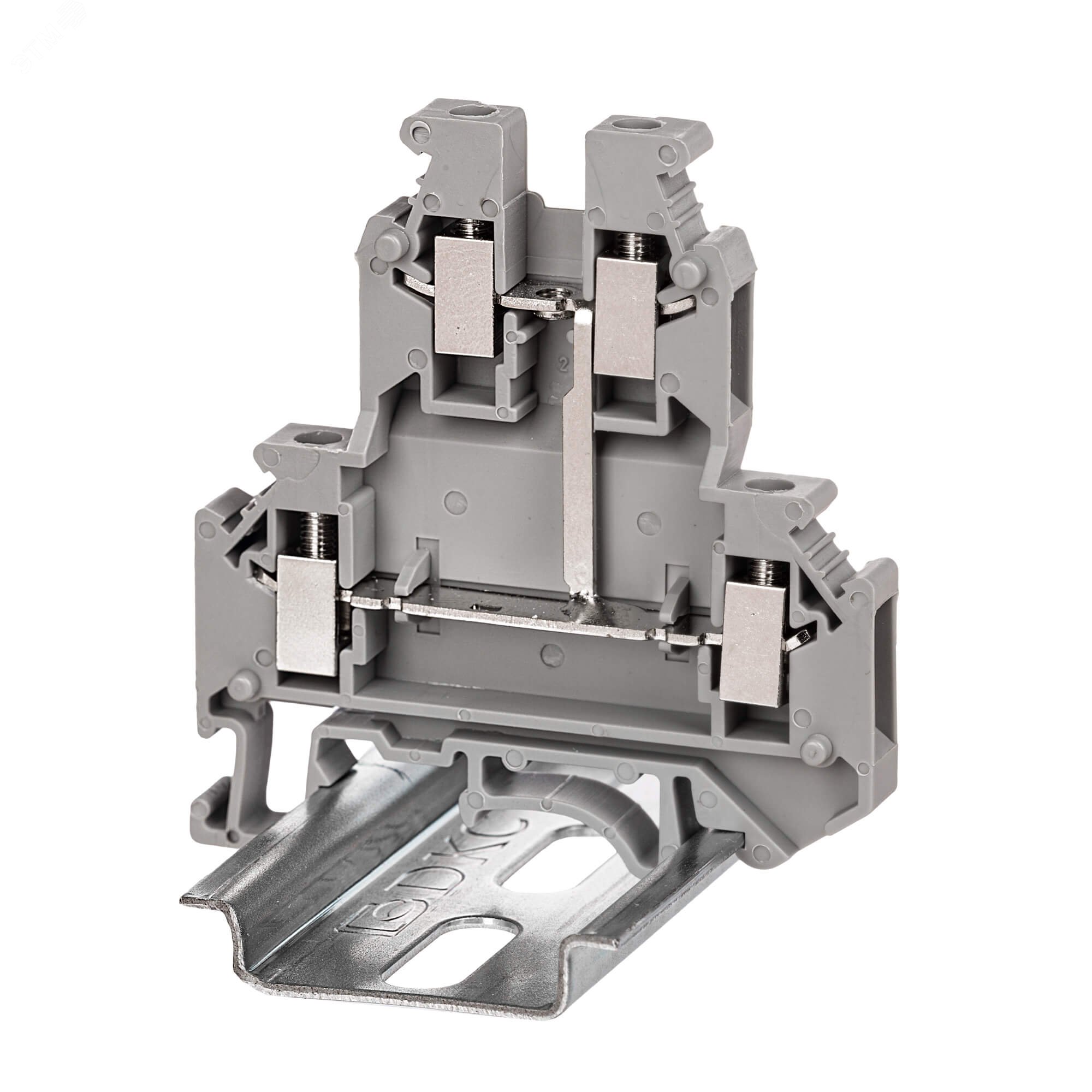 Изображение товара Двухуровневая винтовая клемма для соединения 4 проводов 4 мм² на DIN-рейке серого цвета