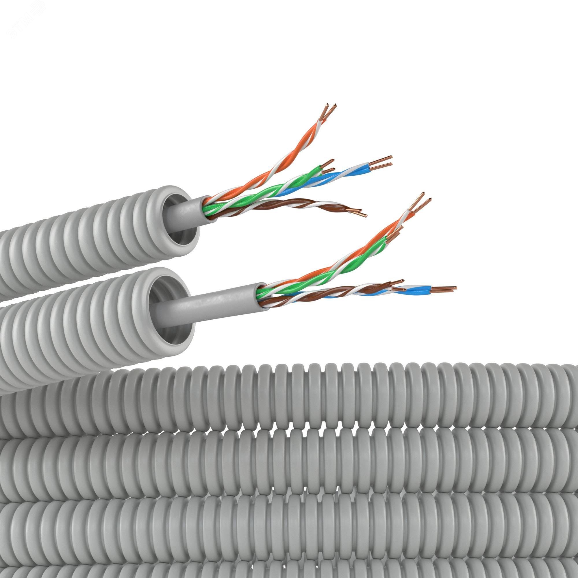 Изображение товара Гибкая гофрированная труба ПВХ диаметром 16мм со встроенным кабелем CAT 5E 25м