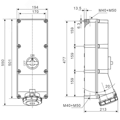 Розетка наружной установки IP67 125А 2P+E 230В с механической блокировкой и боковым расположением разъема - фото 4
