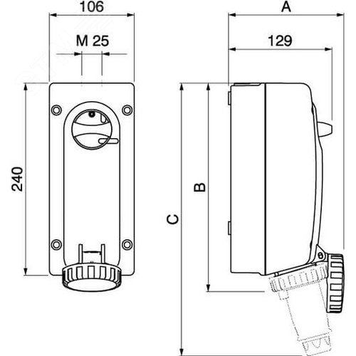 Розетка наружной установки IP67 32А 3P+E 400В с механической блокировкой и боковым расположением разъема - фото 5