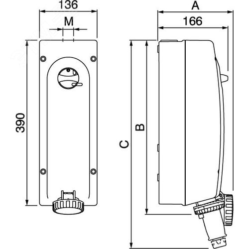 Розетка наружной установки IP67 63А 3P+E 400В с механической блокировкой и боковым расположением разъема - фото 2