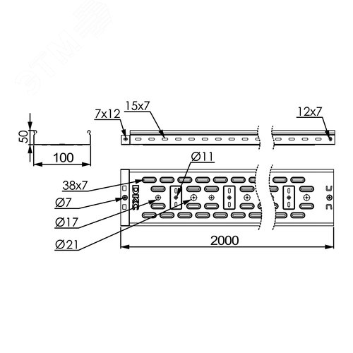 Лоток перфорированный 100х50х2000мм толщина 1.2 мм горячеоцинкованный - фото 2