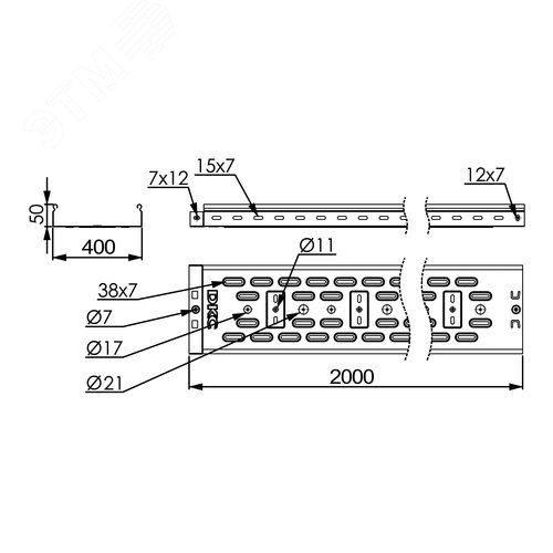 Лоток перфорированный 400х50 L=2000мм толщина 1.2мм горячеоцинкованный - фото 2