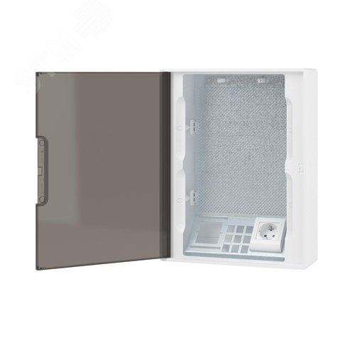 Щиток 24 мод настенный слаботочный Фрейм (FRAME), белый, с тонированной дверцей, с монтажной платой, 1 розеткой (арт. 76482B) и установочной рамкой - фото 3