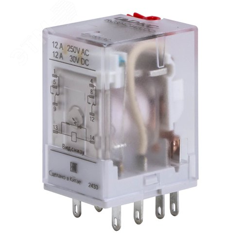 Реле миниатюрное промышленное общего назначения, 2CO, коммутируемый ток 12 А, AgSnO, напряжение 24V AC, опция – тест-кнопка+светодиод - фото 1