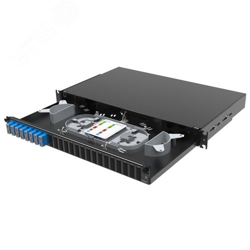 Полка оптическая выдвижная 1U с адатерами 8 х dupleх SC OS2 в комплекте с лицевой панелью. пигтейлами. сплайс-кассет(ой/ами) и гильзами КДЗС - фото 1