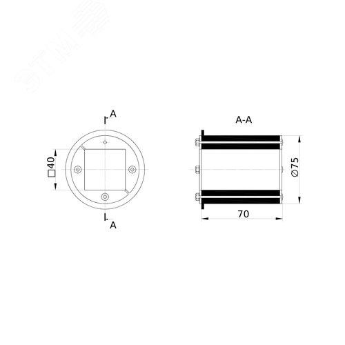 Проходка круглая нержавеющая D75х70 мм с проёмом 40х40 мм - фото 2