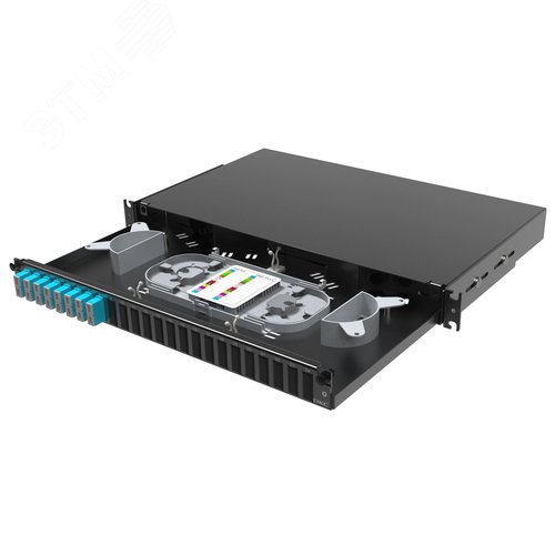 Полка оптическая выдвижная 1U с адатерами 8 х dupleх SC ОМ3 в комплекте с лицевой панелью. пигтейлами. сплайс-кассет(ой/ами) и гильзами КДЗС - фото 1