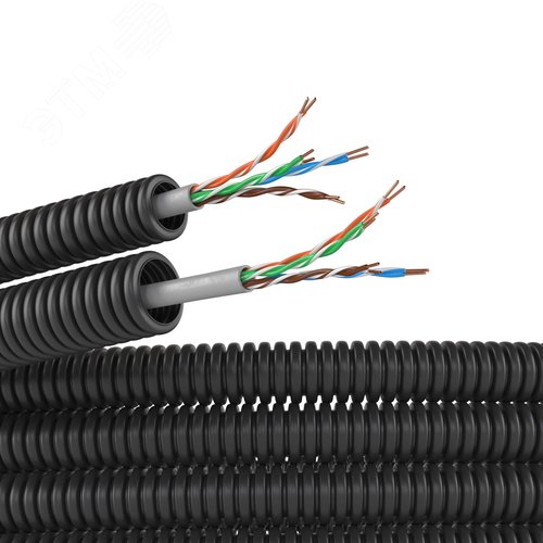 Изображение товара Электротруба ПНД гибкая гофрированная д. 16 мм, безгалогеновая, УФ стойкая, цвет чёрный, с кабелем витая пара 5EU/UTP нг(А)-HF, 100 м (м)