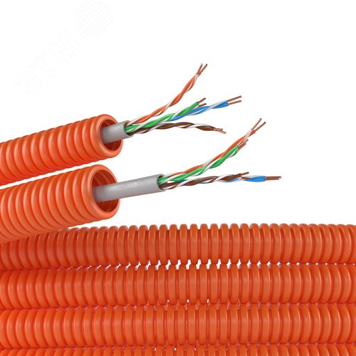 Электротруба ПНД гибкая гофрированная д. 16 мм, цвет оранжевый, с кабелем витая пара 5EU/UTP нг(А)-HF, 100 м - фото 1