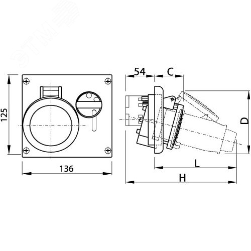 Розетка скрытой установки IP44 16А 3P+E 400В с механической блокировкой и верхним расположением разъема - фото 2