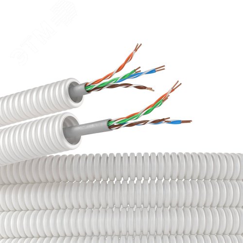 Изображение товара Элетротруба из ПЛЛ не содержит галогенов гибкая гофрированная д.16мм цвет белый с кабелем витая пара 5EU/UTP нг(А)-HF 100м (м)