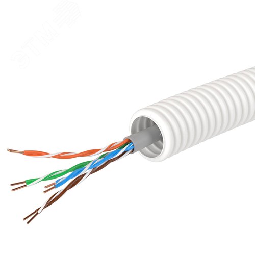 Элетротруба из ПЛЛ не содержит галогенов гибкая   гофрированная д.16мм цвет белый с кабелем витая   пара 5EU/UTP нг(А)-HF 50м - фото 3