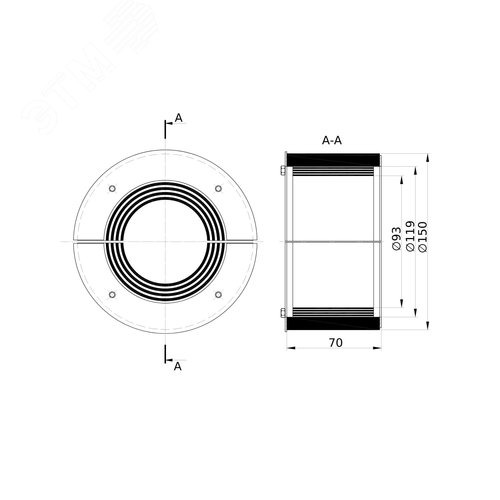 Проходка круглая нержавеющая D150х70 мм для кабелей D 93-119 мм - фото 2