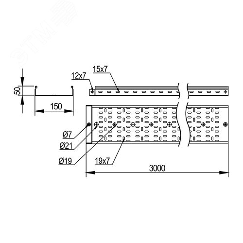 Лоток перфорированный 50x150х3000, 2,0 мм, цинк-ламельный - фото 2