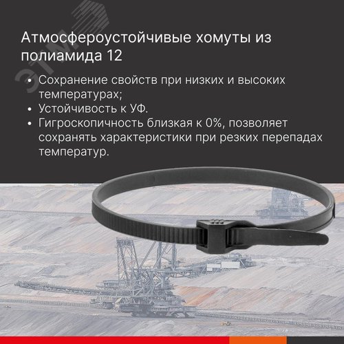 Хомут PA12 атмосфероустойчивый из полиамида 12, плоский замок, черный, 6х180 - фото 4