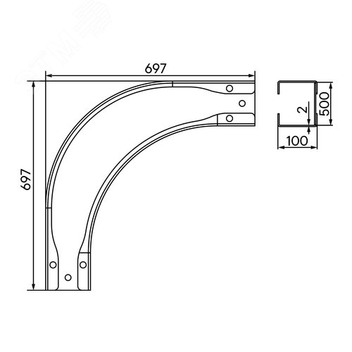 Угол горизонтальный 90 градусов 100х500 2,0 мм в комплекте крепежные элементы соединительные пластины - фото 2
